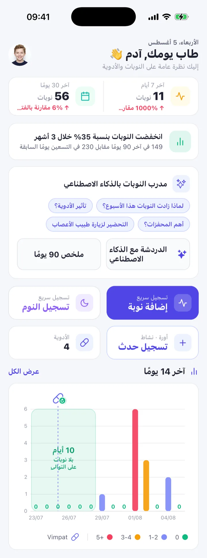 شاشات تطبيق Epilepsy Mate: الشاشة الرئيسية ومدرب النوبات الذكي والأدوية والاتجاهات